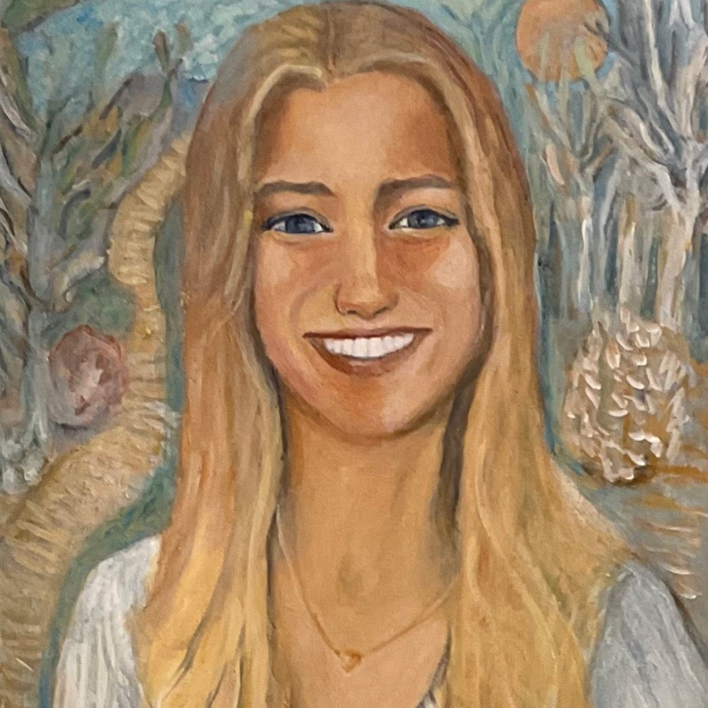 Portrait of a smiling blonde woman against a soft blue floral background