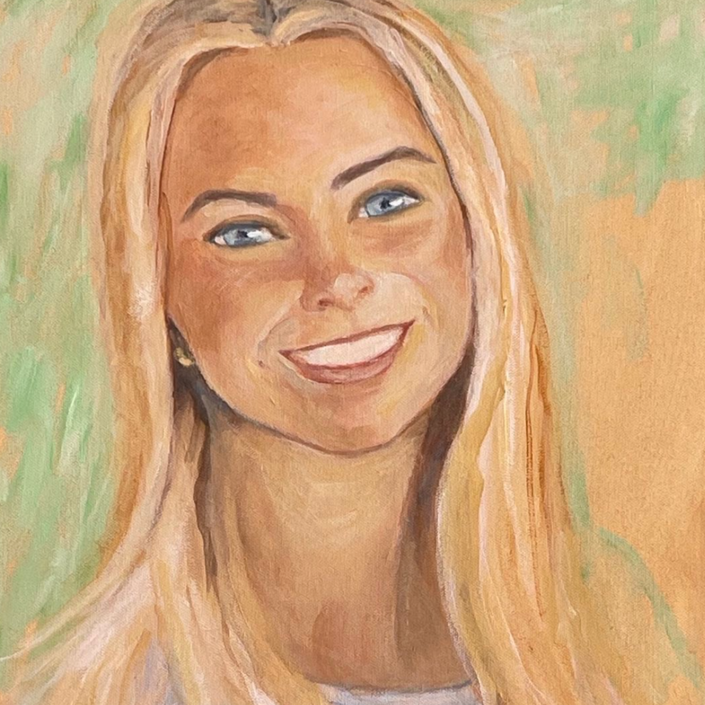 Smiling blonde portrait painting with blue eyes on a soft pastel background