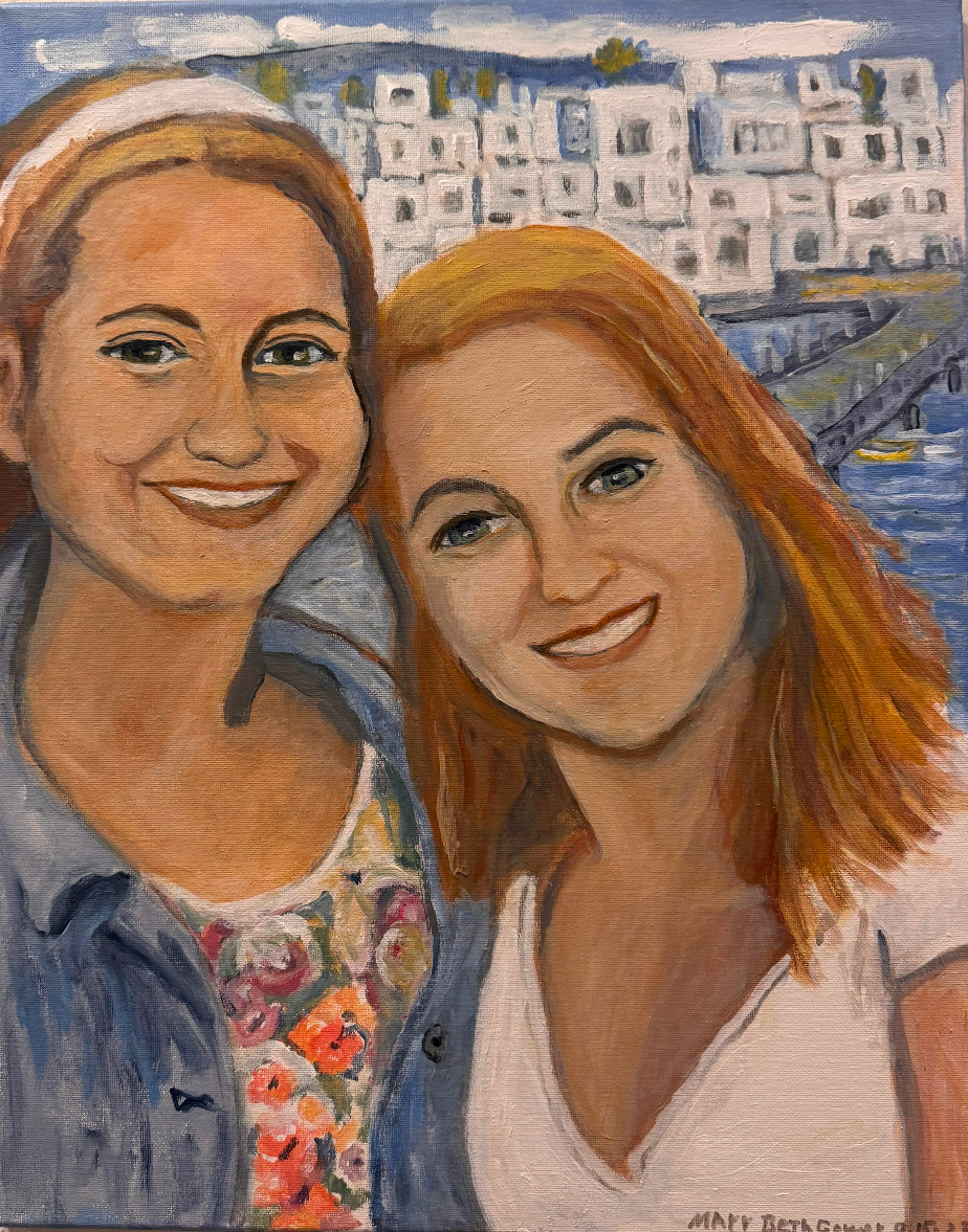 Two smiling people posing outdoors with white buildings in the background.