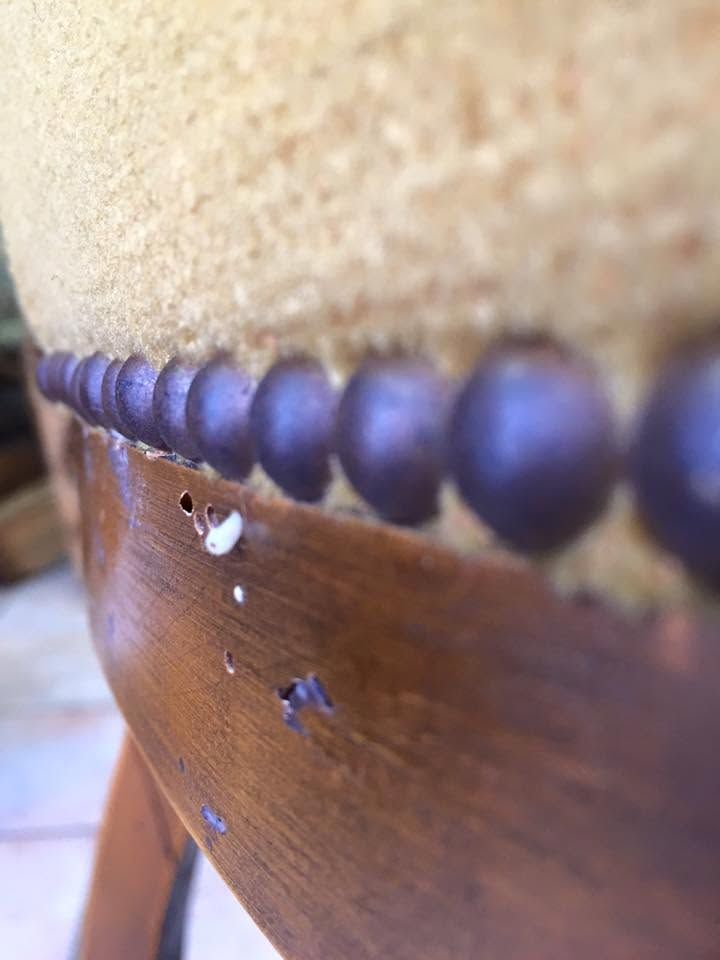 Primo piano di una bordura di perline viola lungo il bordo di un tessuto color beige, sopra una superficie di legno.