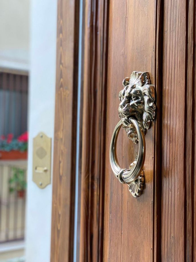 Battente decorativo in ottone a forma di testa di leone su una porta d’ingresso in legno, con l’ingresso di una casa sfocato sullo sfondo