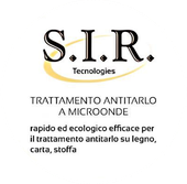 Logo di S.I.R. Tecnologies con la scritta «trattamento antitarlo a microonde» in italiano su sfondo bianco