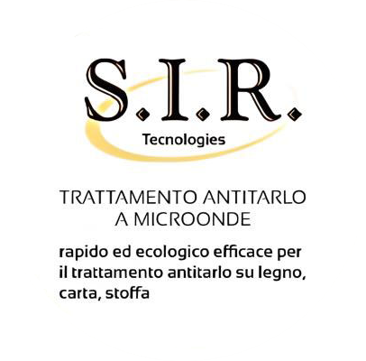 Logo di S.I.R. Tecnologies con la scritta «trattamento antitarlo a microonde» in italiano su sfondo bianco