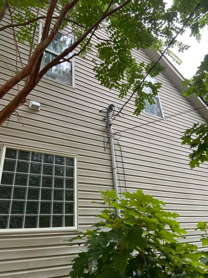 A house with a ladder attached to the side of it surrounded by trees.