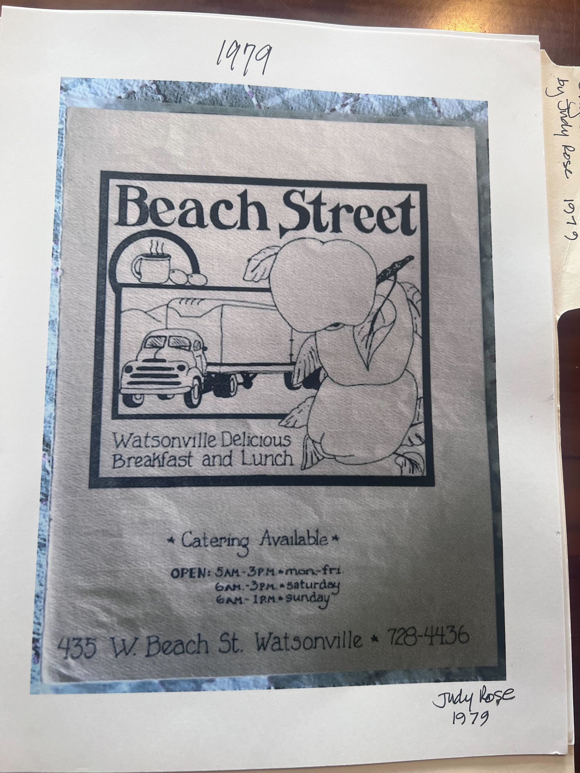 Beach Street storefront sign with cars and beach scene, black-and-white sketch style