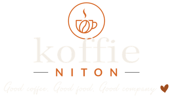 Koffie Niton coffee logo in beige and orange with cup icon and “Good coffee, good food, great company” tagline