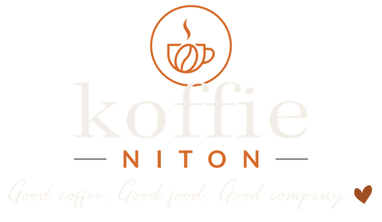 Koffie Niton coffee logo in beige and orange with cup icon and “Good coffee, good food, great company” tagline