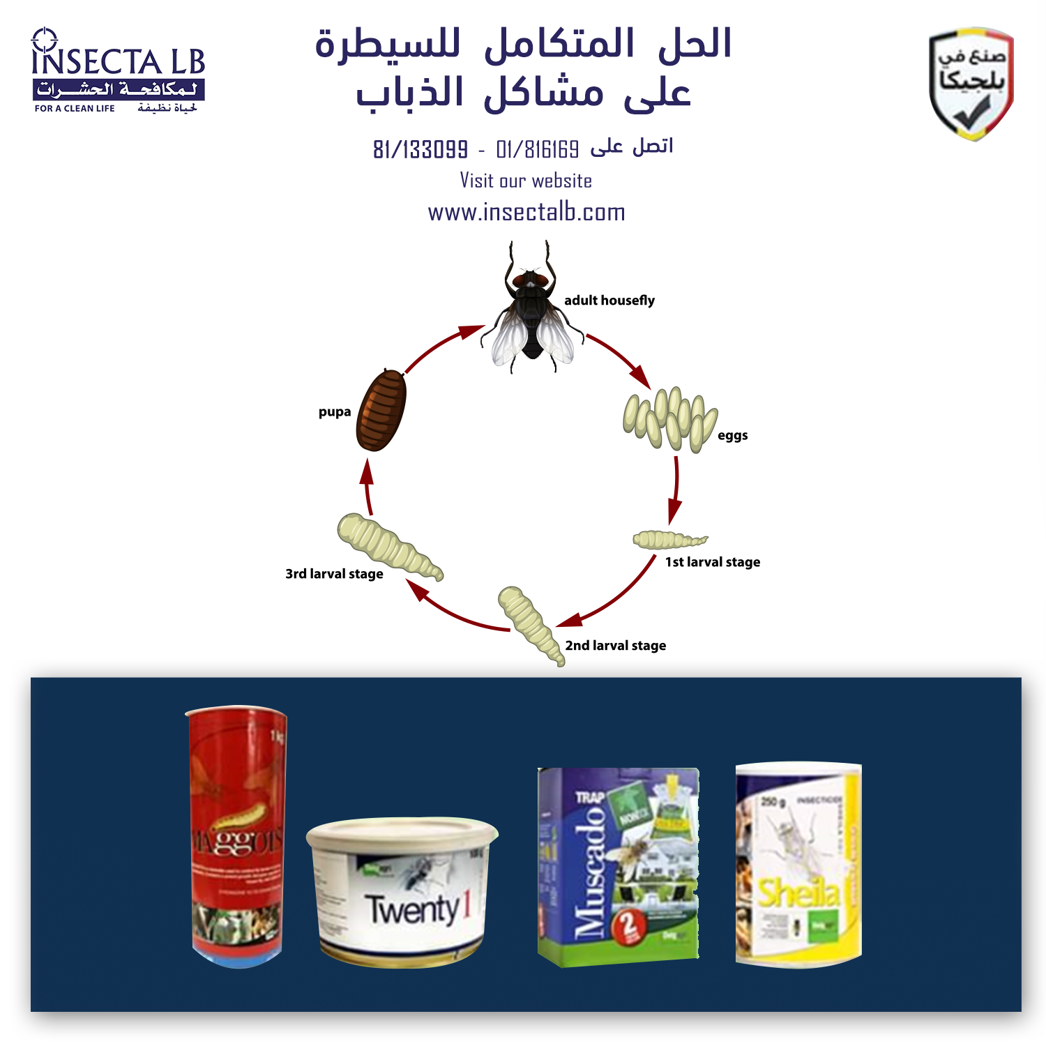 Fly life cycle diagram with four insecticide product images: red spray can, white bucket, blue box, yellow can.
