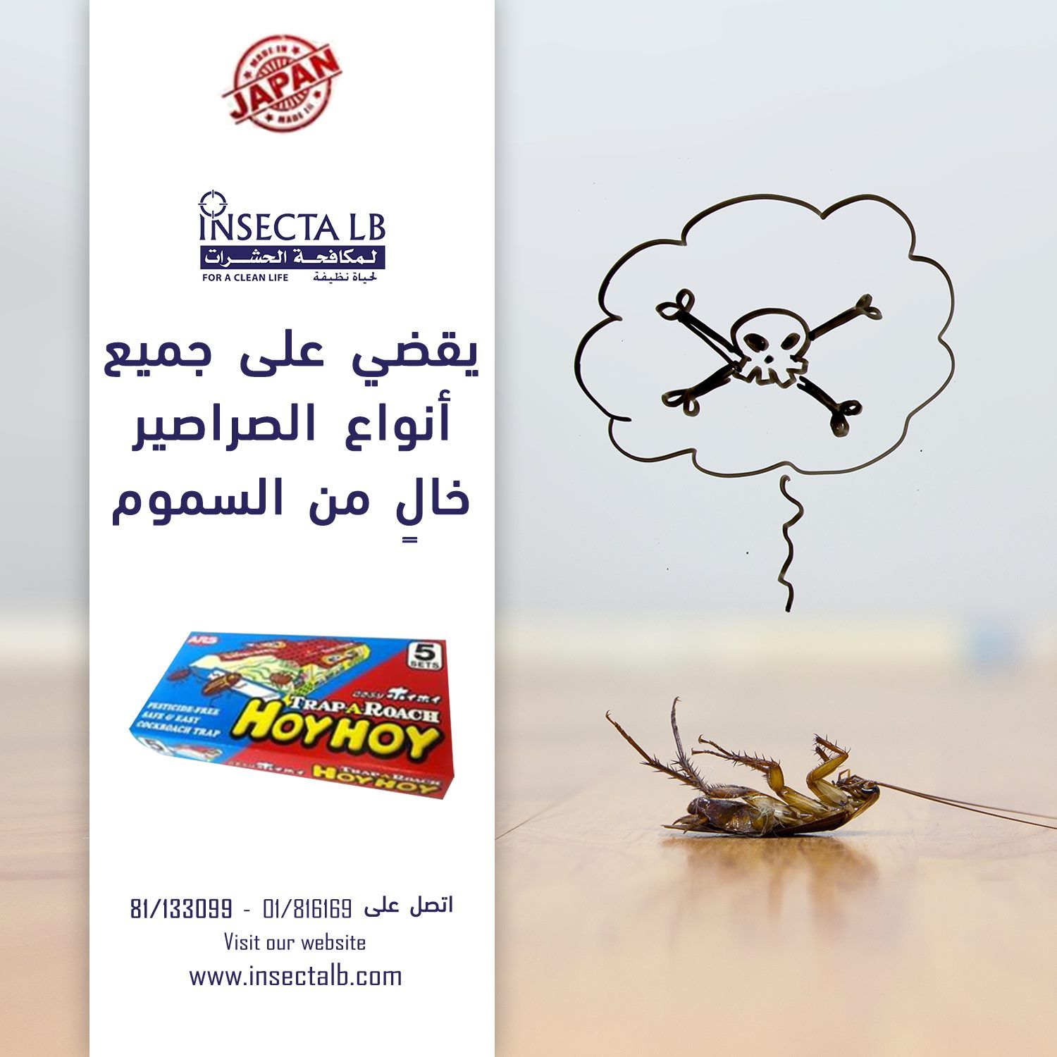 Advertisement for cockroach killer featuring a dead cockroach, product box, and skull symbol.