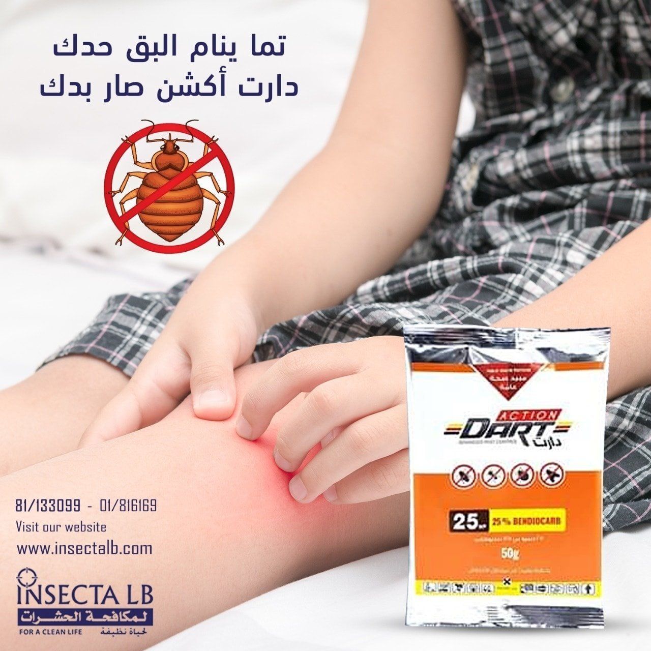 A child's arm with a red bite mark next to a bag of bed bug killer, and bed bug illustration.