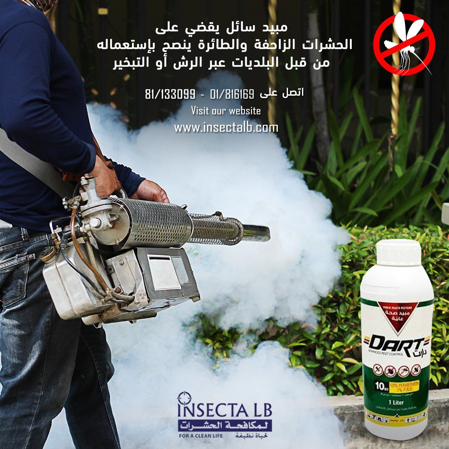 Man using fogger spraying insecticide; product shown. Insecta LB pesticide advertisement.