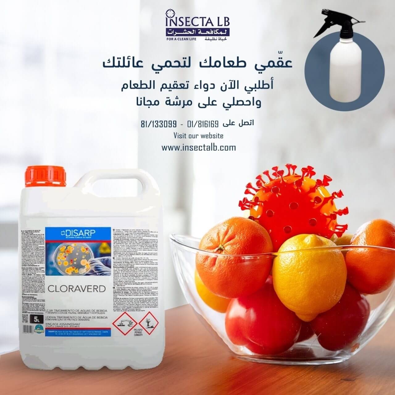 Advertisement for food disinfectant: bottle, spray bottle, bowl of fruit, and virus graphic.