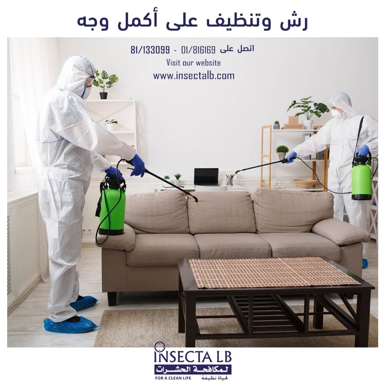 شخصان يرتديان بدلات واقية يرشّان غرفة معيشة. إعلان عن خدمات مكافحة الآفات.