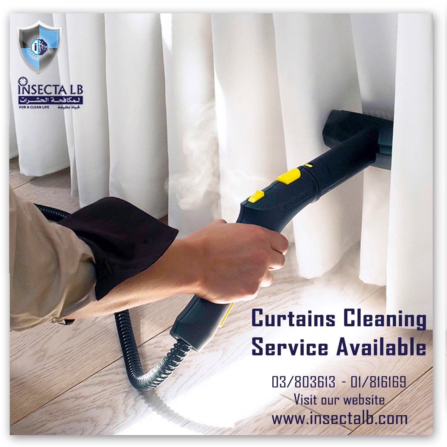 A person steaming white curtains with a cleaning machine. Text: 