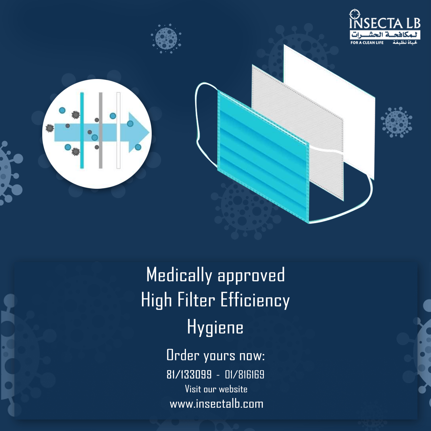 Blue face mask with filter layers, text: Medically approved, High Filter Efficiency, Hygiene, website and contact info.
