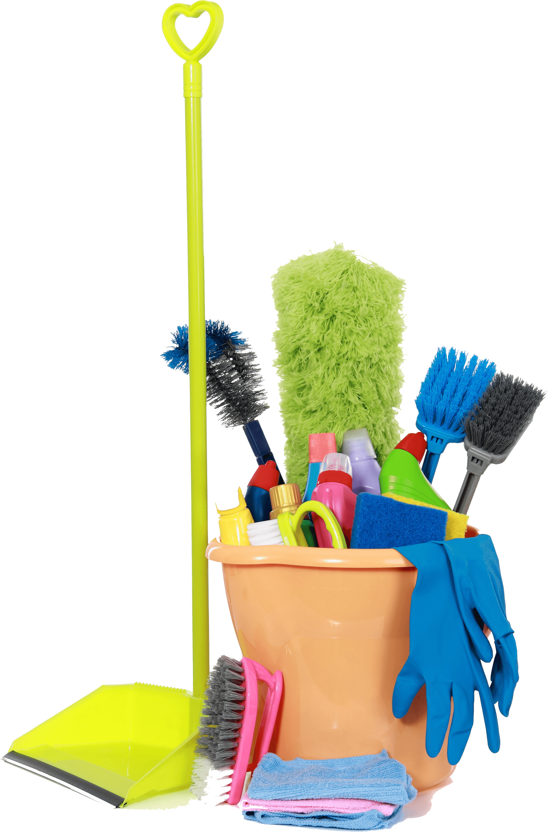 Cleaning supplies in a bucket: broom, mop, brushes, cloths, and spray bottles.