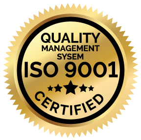 Gold ISO 9001 certification seal with text