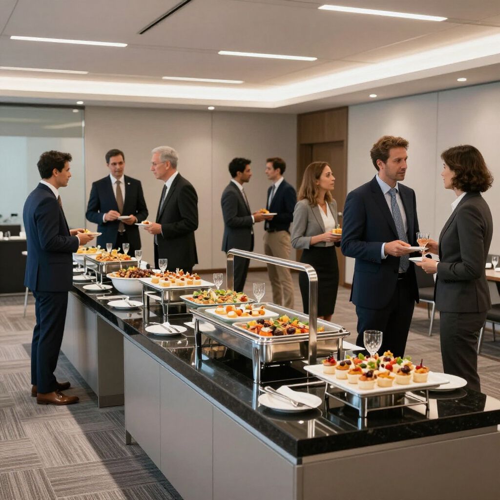 Business professionals in suits network and socialize at a buffet table filled with appetizers in a conference room.