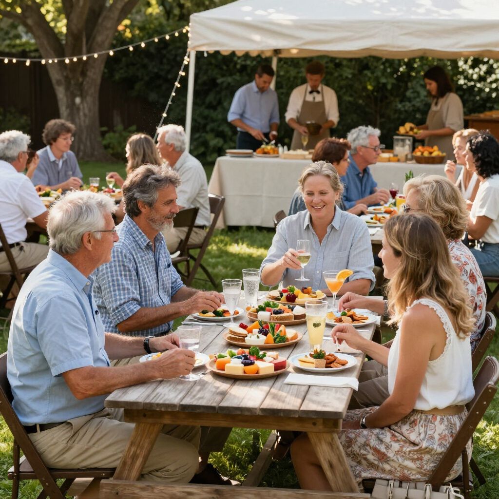 People gather at long outdoor wooden tables for a sunny garden brunch under a white canopy with various food and drinks.