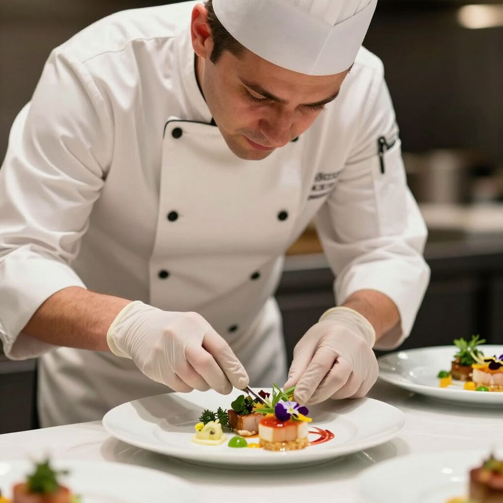 A chef in a white uniform and gloves carefully garnishes a small, plated dish in a professional kitchen.