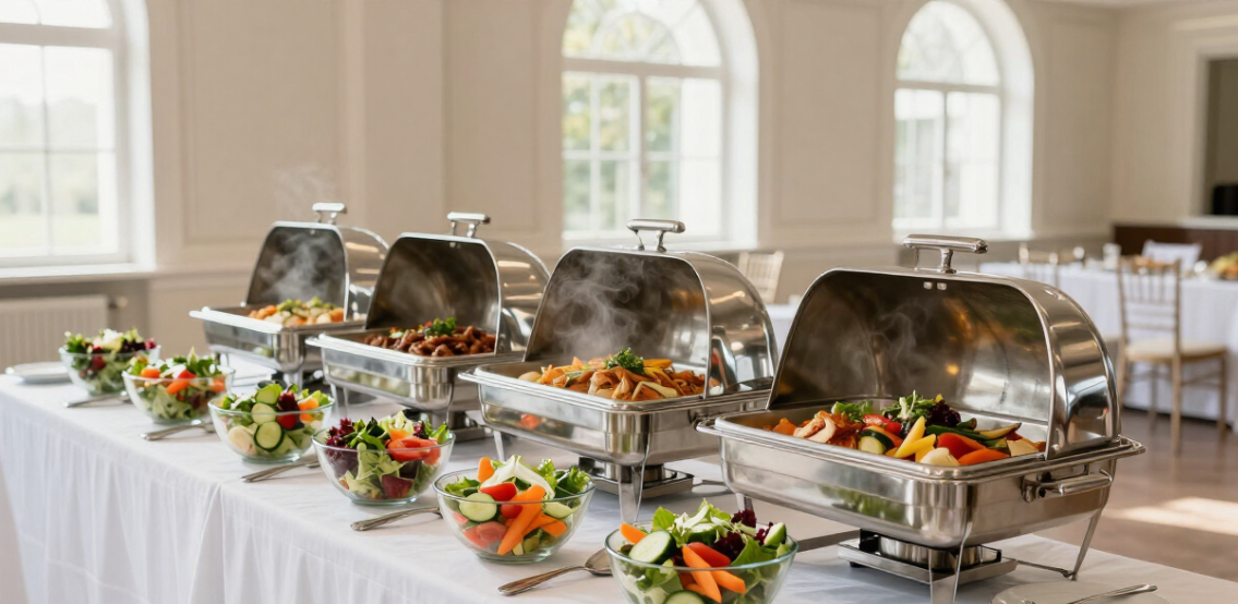 Metal trays of assorted buffet dishes with tongs on a serving table