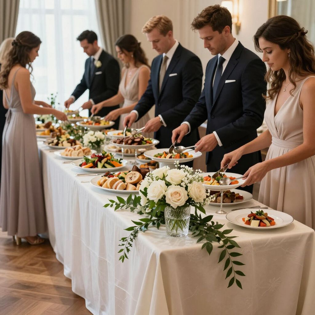 People in formal attire gather at a long buffet table decorated with white flowers to serve themselves food.