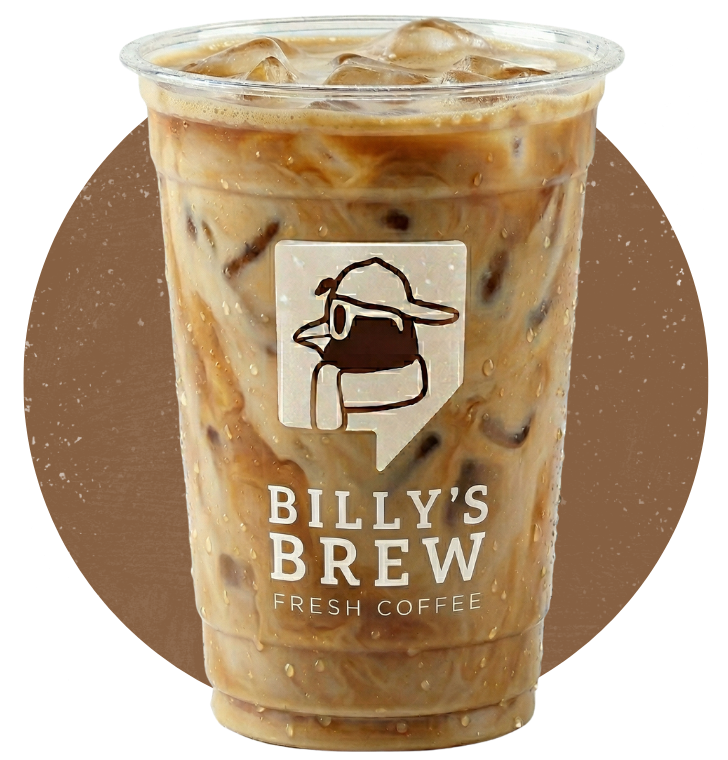 Iced coffee in a clear cup with Billy’s Brew logo on a brown background