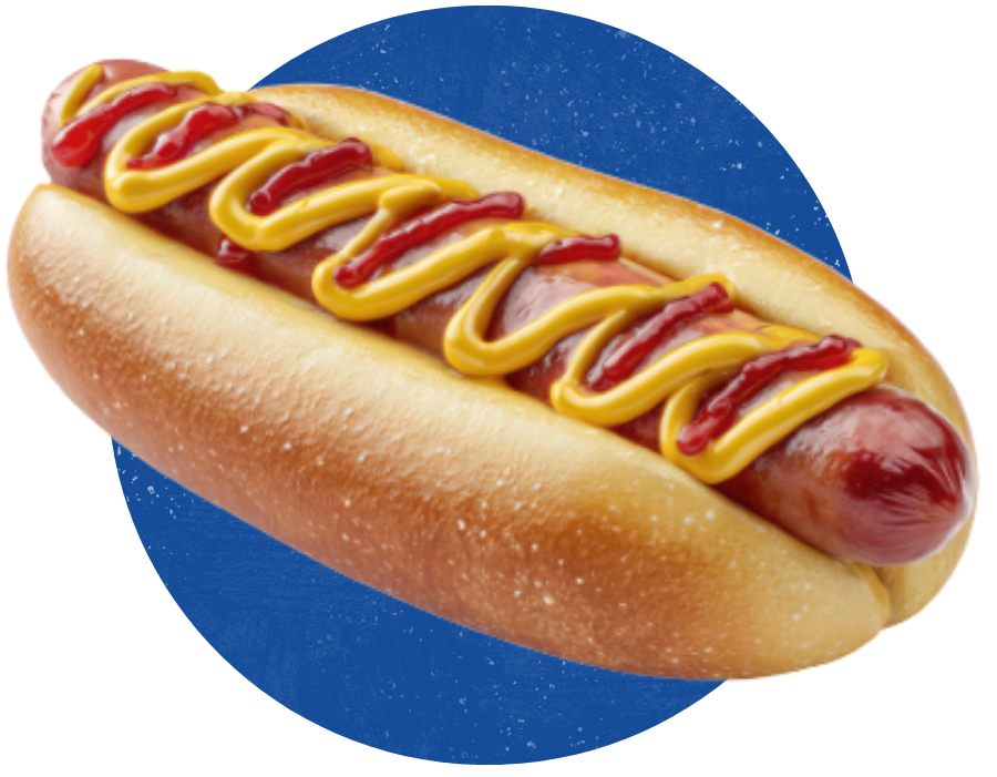 Hot dog with ketchup and mustard on a blue circle background