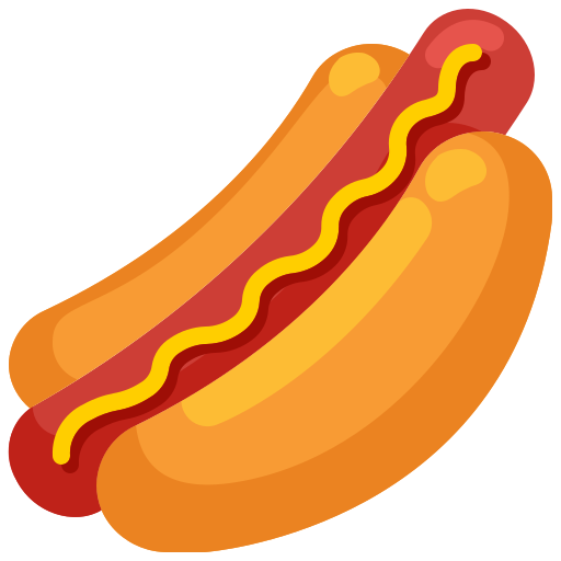 A cartoon hot dog with mustard on a white background
