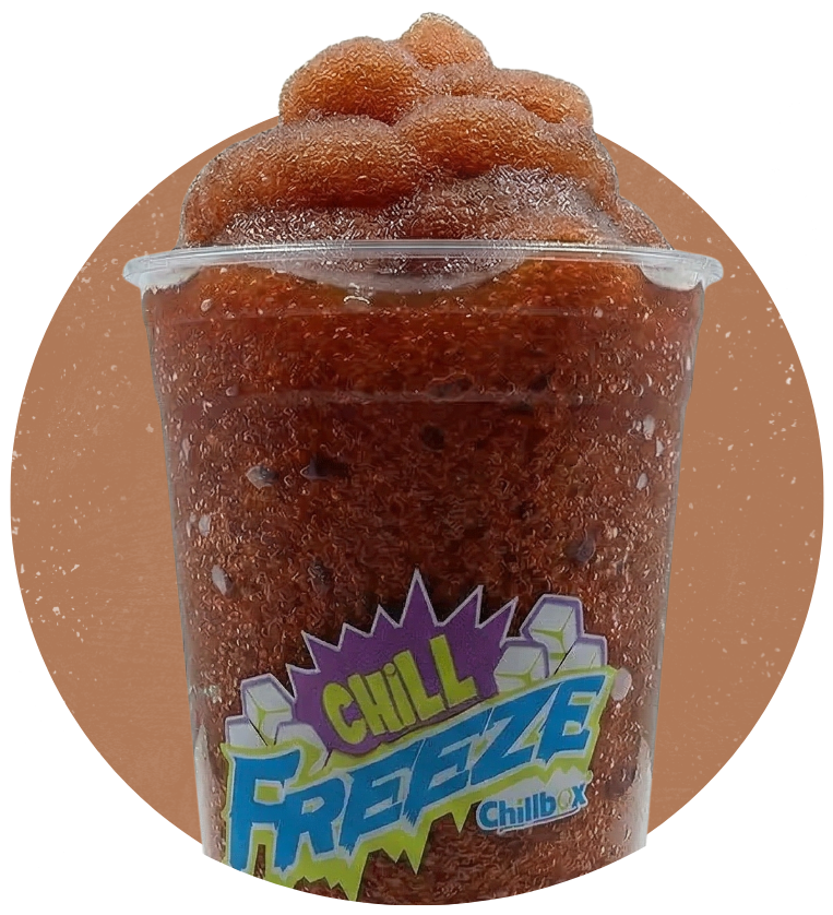 Cup of brown shaved ice with colorful “Chill Freeze” label on a white background