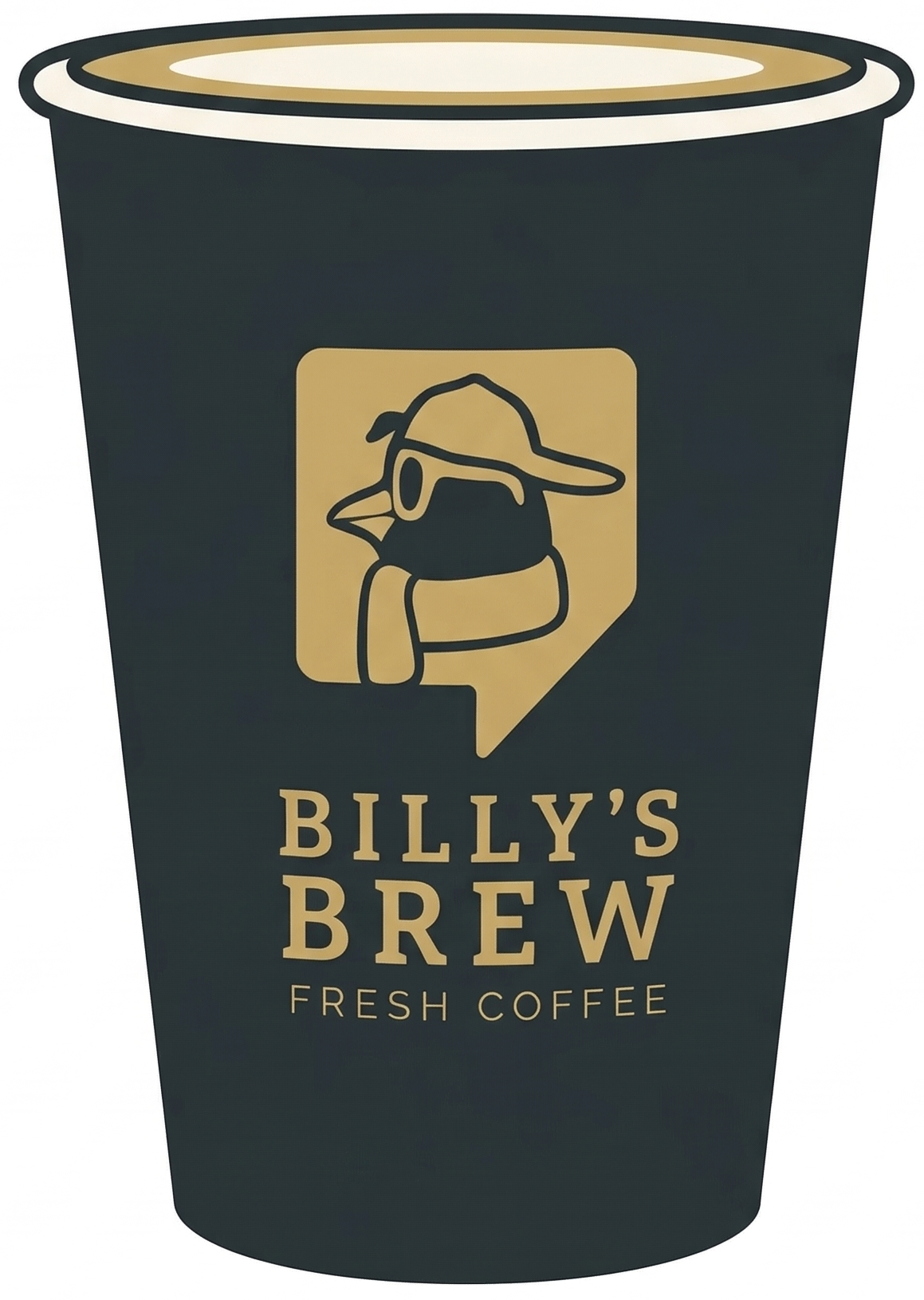 Black coffee cup with Billy’s Brew logo and fresh coffee text