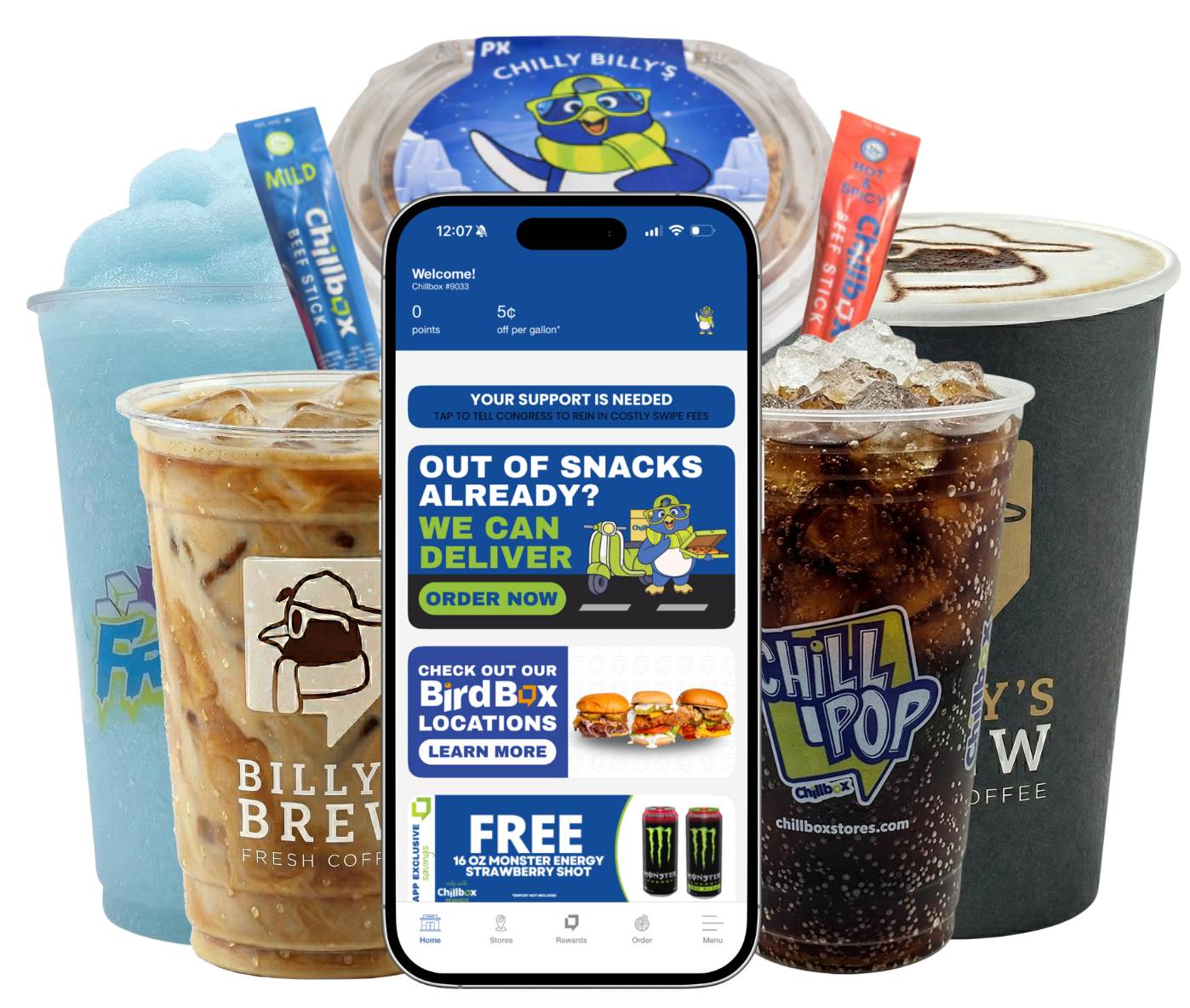 Smartphone showing Billy’s Brew app with coffee drinks and promo text, surrounded by iced coffee cups and snacks