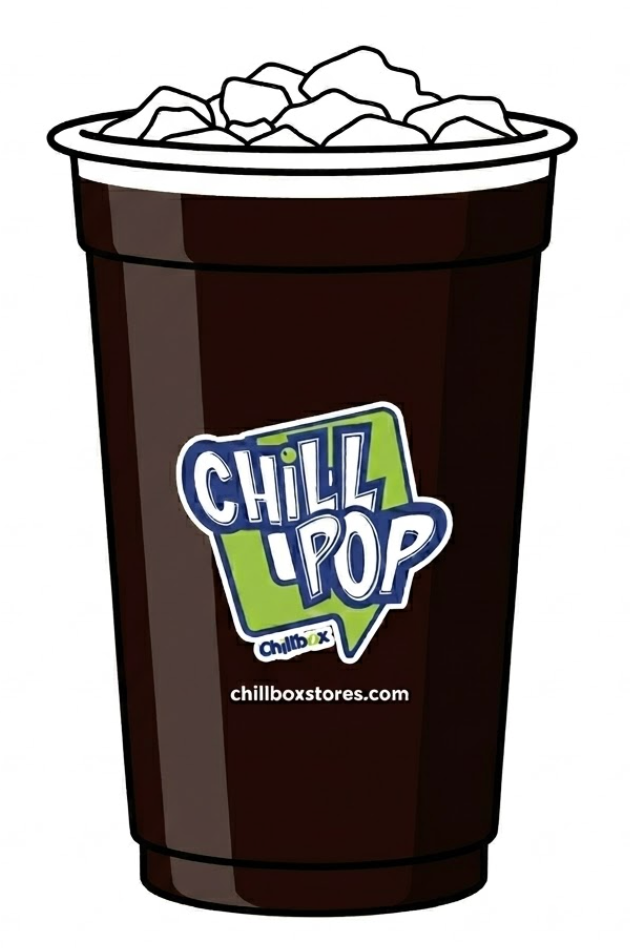 Chill Pop branded dark soda cup with ice cubes and logo
