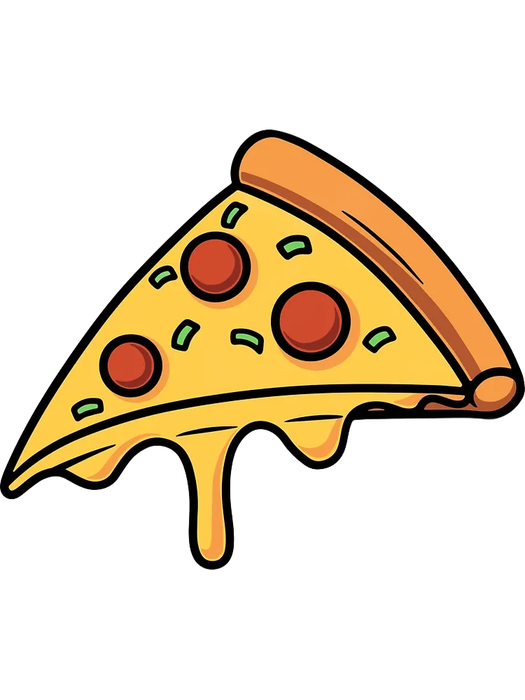 Cartoon pepperoni pizza slice with melted cheese dripping