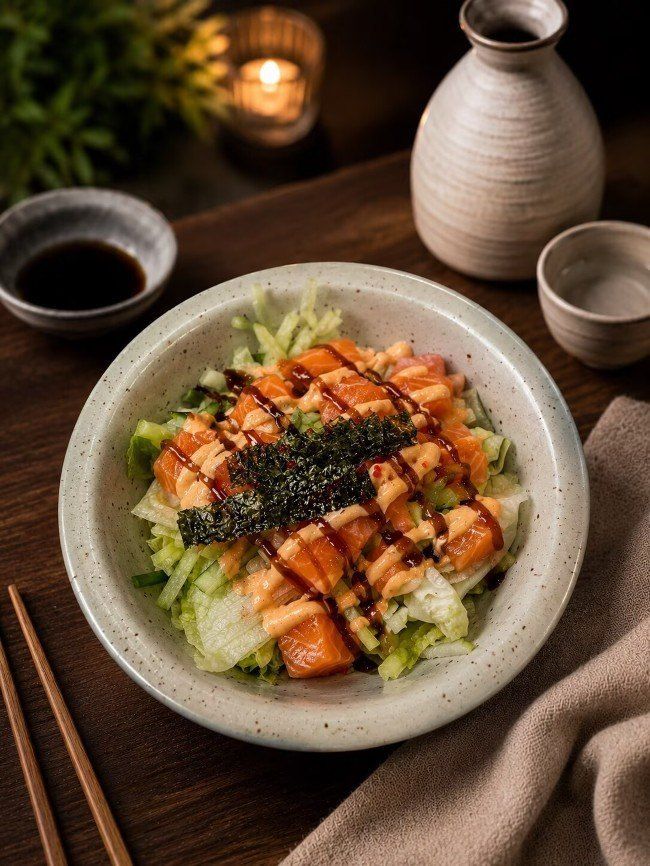 Salmon rice bowl with greens and dark drizzle in a ceramic bowl on a wooden table