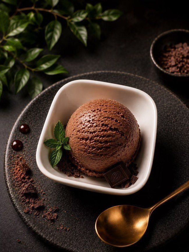 Chocolate ice cream scoop in white bowl on dark plate with gold spoon and mint garnish