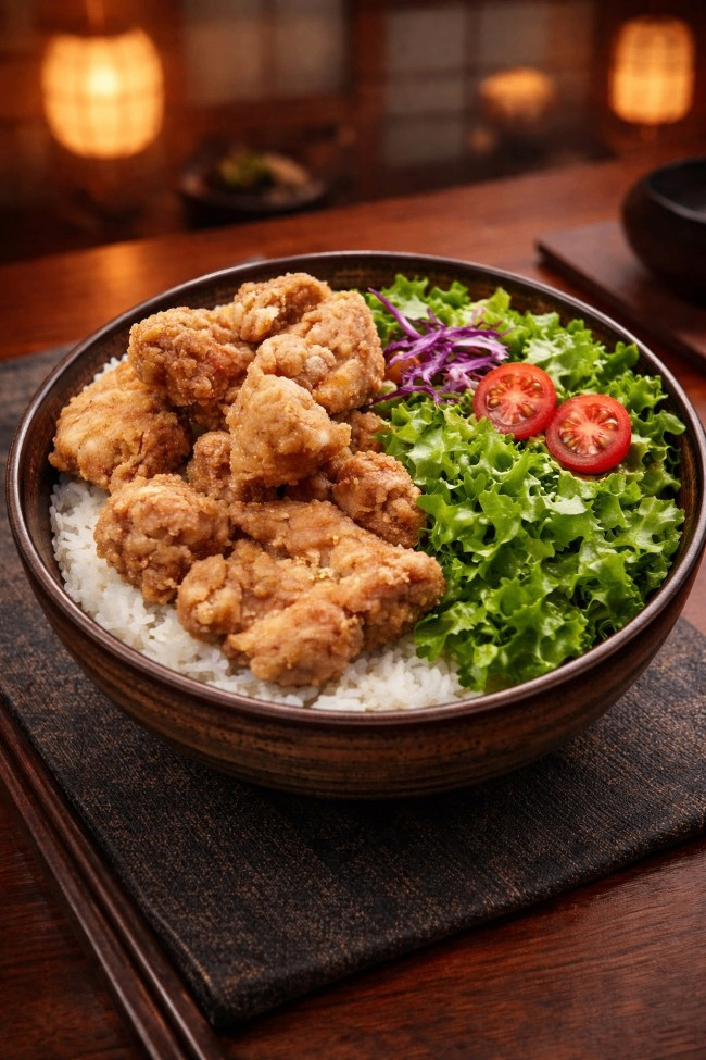 Fried chicken rice bowl with lettuce, purple cabbage, and cherry tomatoes on a rustic table