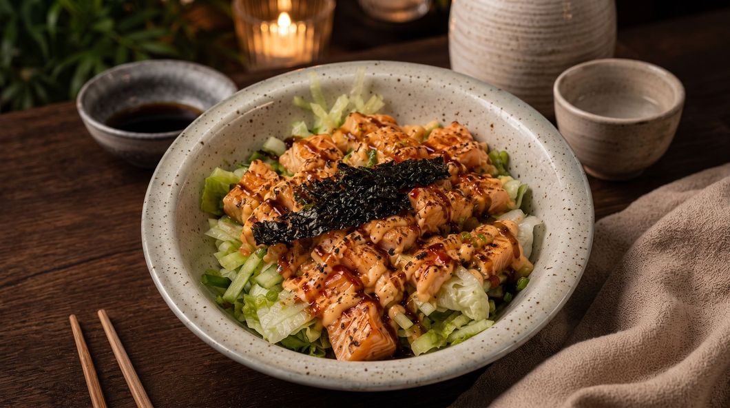Grilled chicken rice bowl with lettuce, avocado, sesame seeds, and sauce on a rustic table