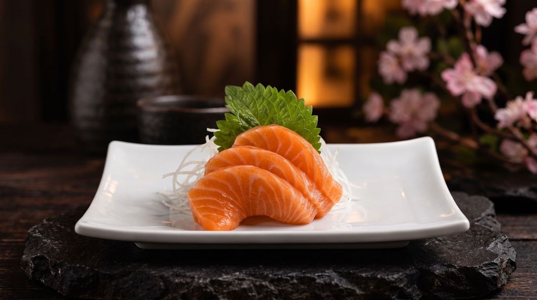 Sliced salmon sashimi on a white plate with green garnish, set on a dark stone table