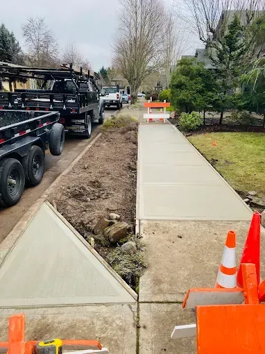 Newly poured concrete sidewalk segments and a driveway apron under construction, with safety cones and barriers in a street.