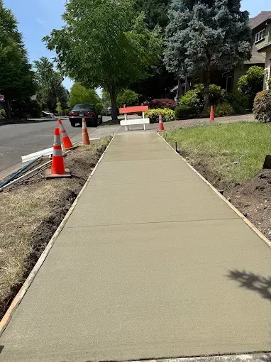 Newly poured concrete sidewalk on a suburban street, marked with orange traffic cones and a temporary barricade.