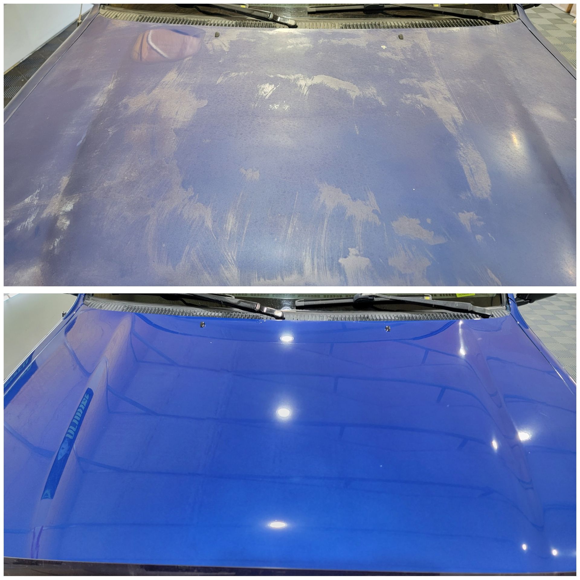 A before and after picture of a blue car hood.