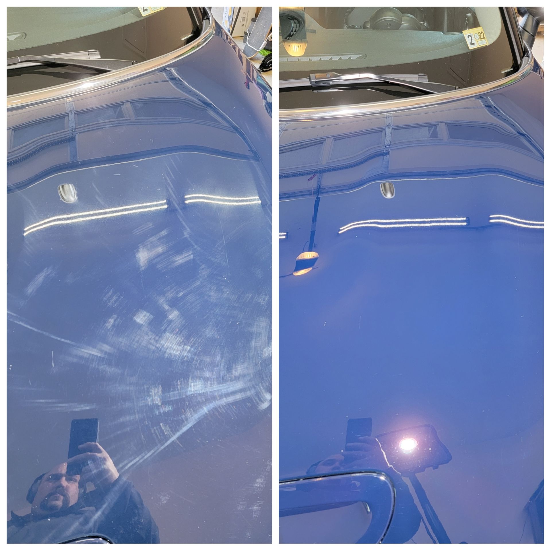 A before and after photo of a blue car hood.