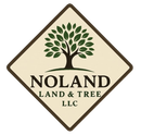 Logo for Noland Land & Tree LLC with a dark green tree on a diamond-shaped tan background with a dark brown border.