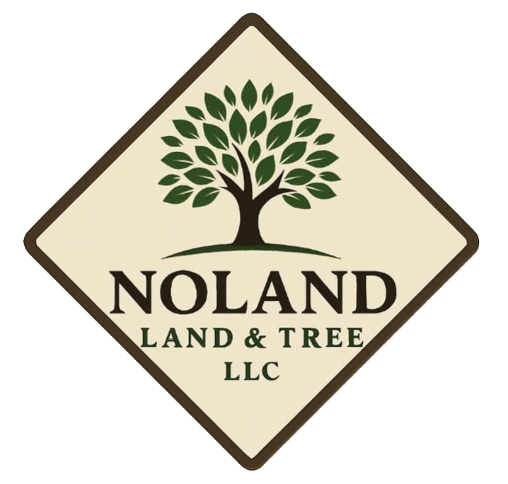 Logo for Noland Land & Tree LLC with a dark green tree on a diamond-shaped tan background with a dark brown border.