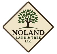 Logo for Noland Land & Tree LLC with a dark green tree on a diamond-shaped tan background with a dark brown border.