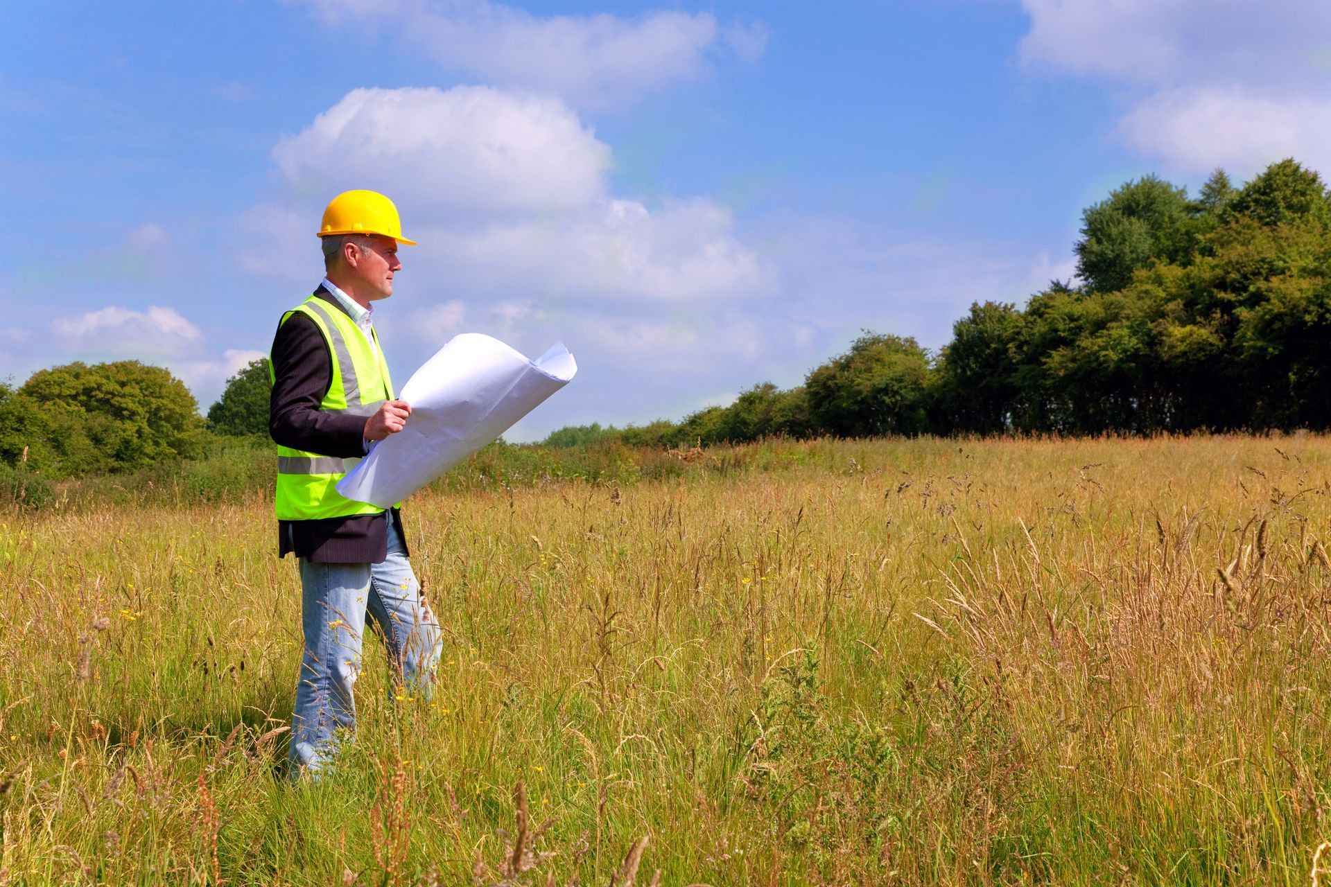 A surveyor in a hard hat and safety vest reviewing rolled site plans while standing in an open field A surveyor in a hard hat and safety vest reviewing rolled site plans while standing in an open field
