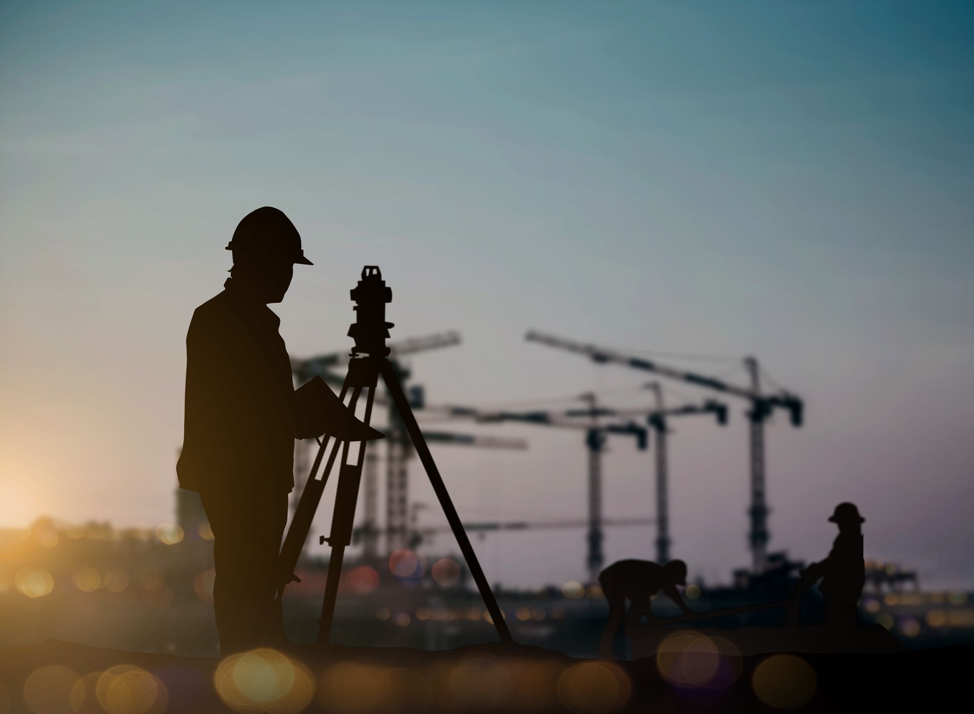 A silhouetted land surveyor measuring a site with a tripod at a construction area. A silhouetted land surveyor measuring a site with a tripod at a construction area.