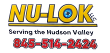 Logo of a kitchen design with blue cabinets and a red "NU LOK" text below.