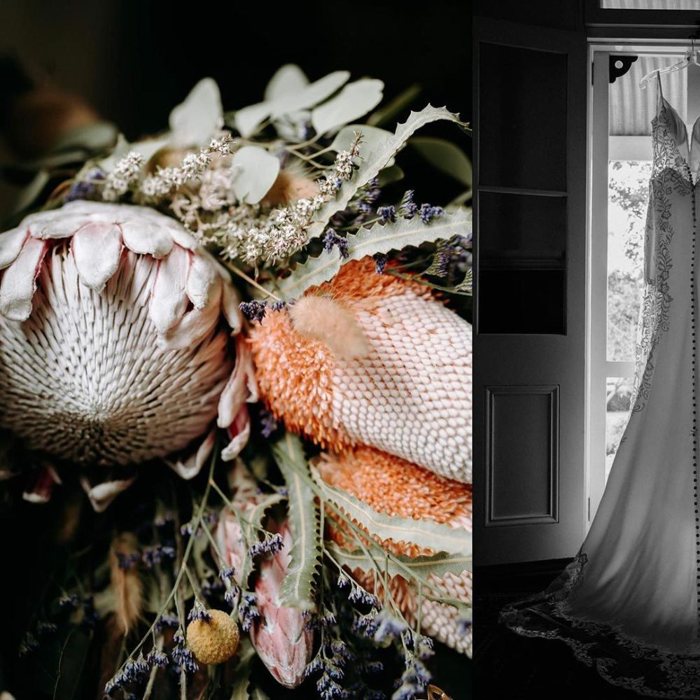 A Bouquet of Flowers and A Wedding Dress Hanging on A Door — Seed + Salt Photography In Smithtown, NSW